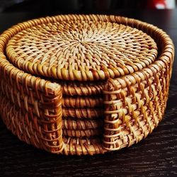 Nature Rattan Coaster Set. 6 Wicker Boho Coasters With Holder