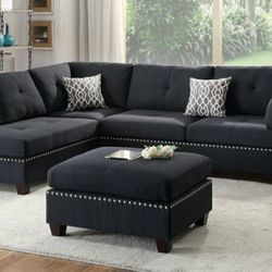 Brand New Black  3pc Reversible Sectional Sofa With Ottoman 