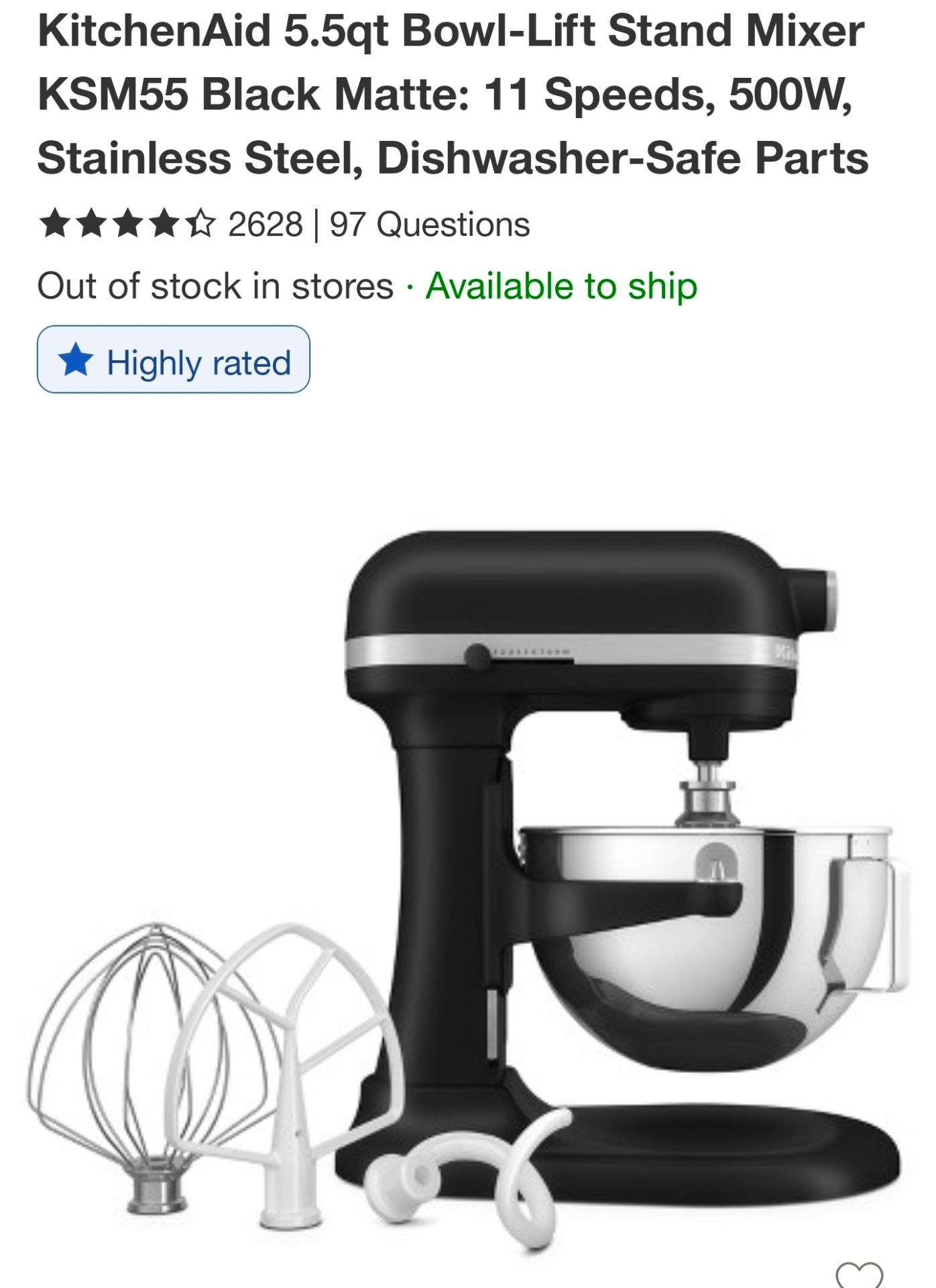 KitchenAid 5.5QT Bowl-Lift Stand Mixer Black Matte 5.5qt KSM55 11 Speeds 500W