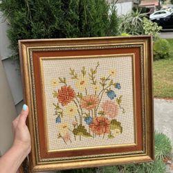 Antique needlepoint Floral Art 