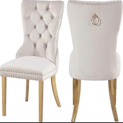 Meridian Furniture Carmen Collection Velvet Upholstered Dining Chair with Sturdy Gold Metal Legs, Set of 2, Cream