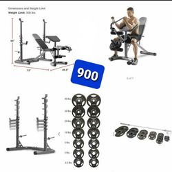 OLYMPIC WEIGHT RACK AND WEIGHT BENCH + WEIGHT SET 300LB