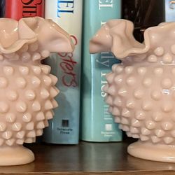 Set of 2 Rare Fenton Pink Hobnail Ruffled Art Glass Rose Bowls MCM