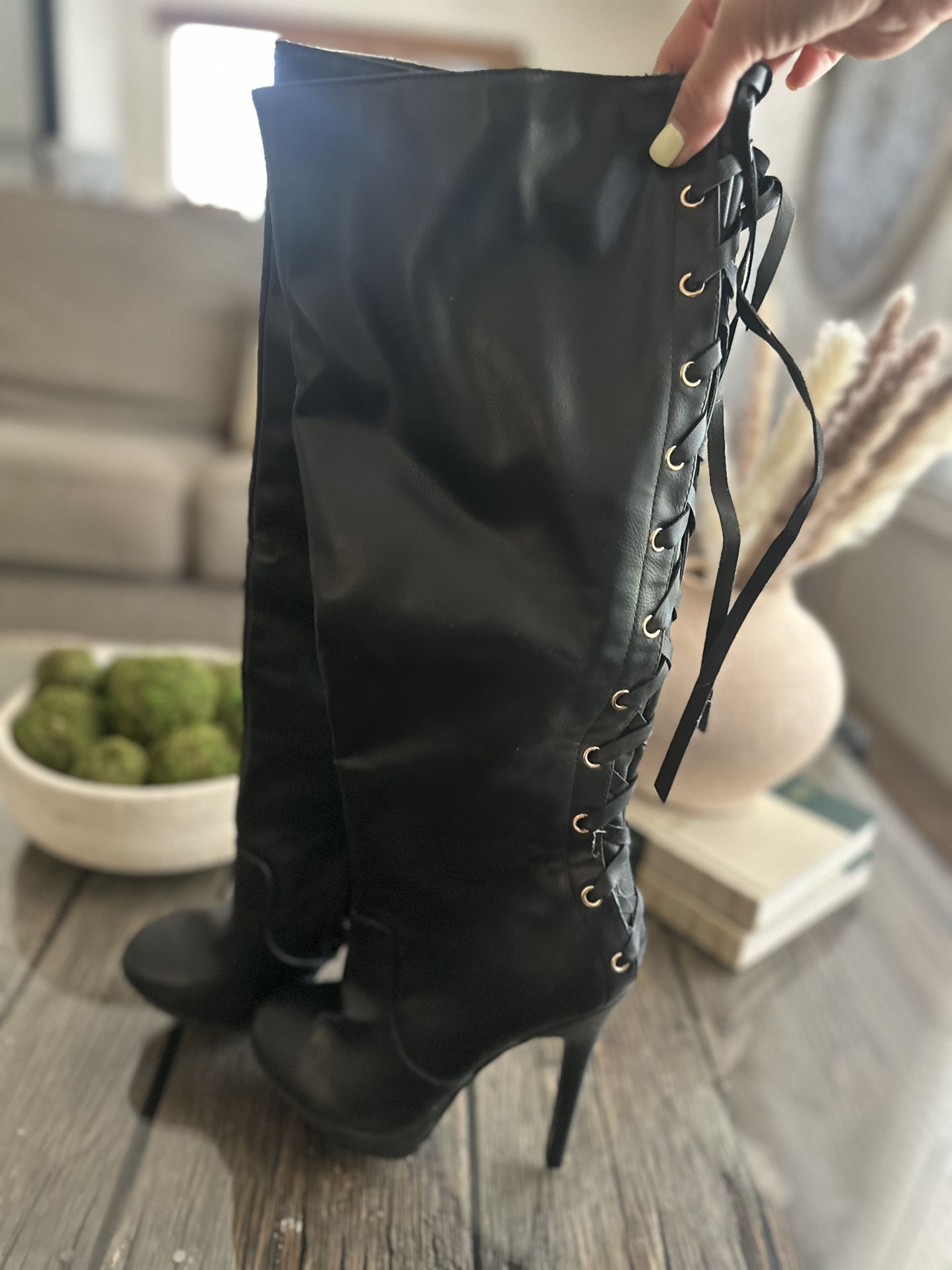 Lace-Up Black Stiletto Boots – Size 6.5