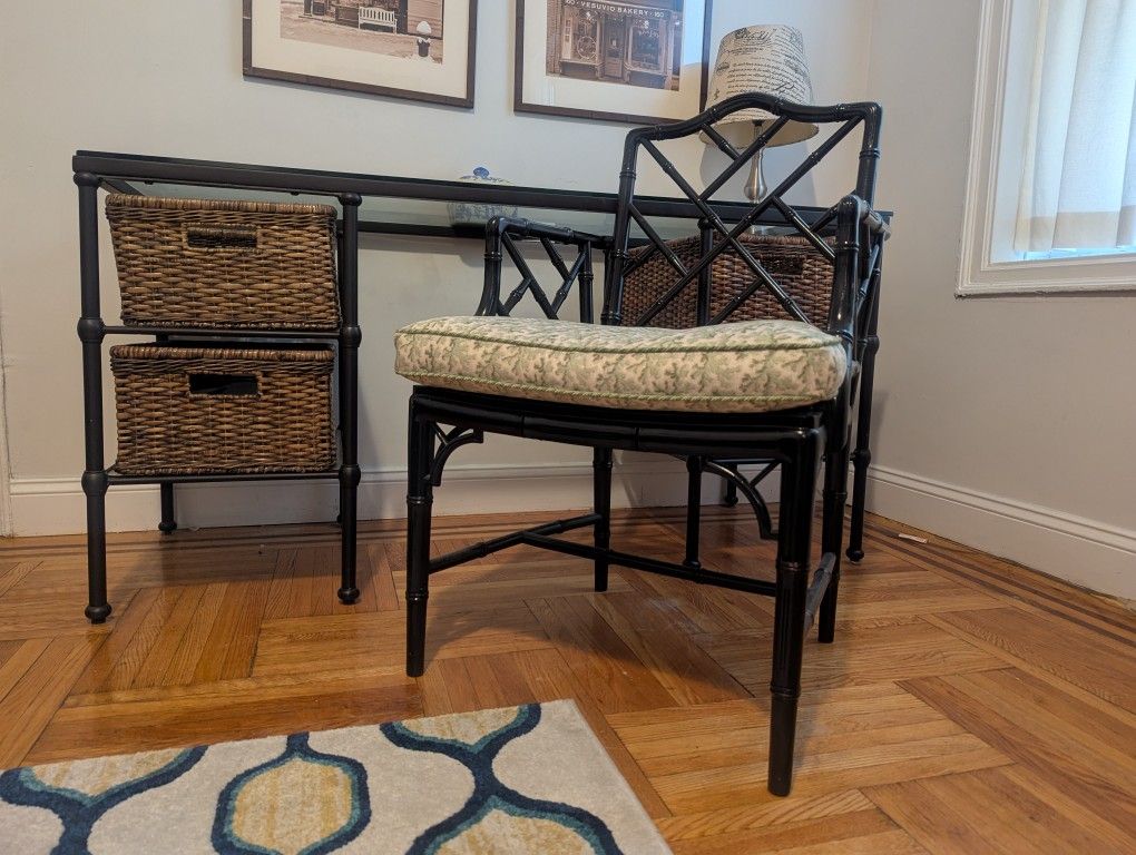Crate & Barrel Wrought Iron Desk And Wicker Chair Bundle