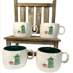 Rae Dunn WINTER TIME COCOA Green Oasis 4  Mug Set Very Hard to Find, NIB Cozy