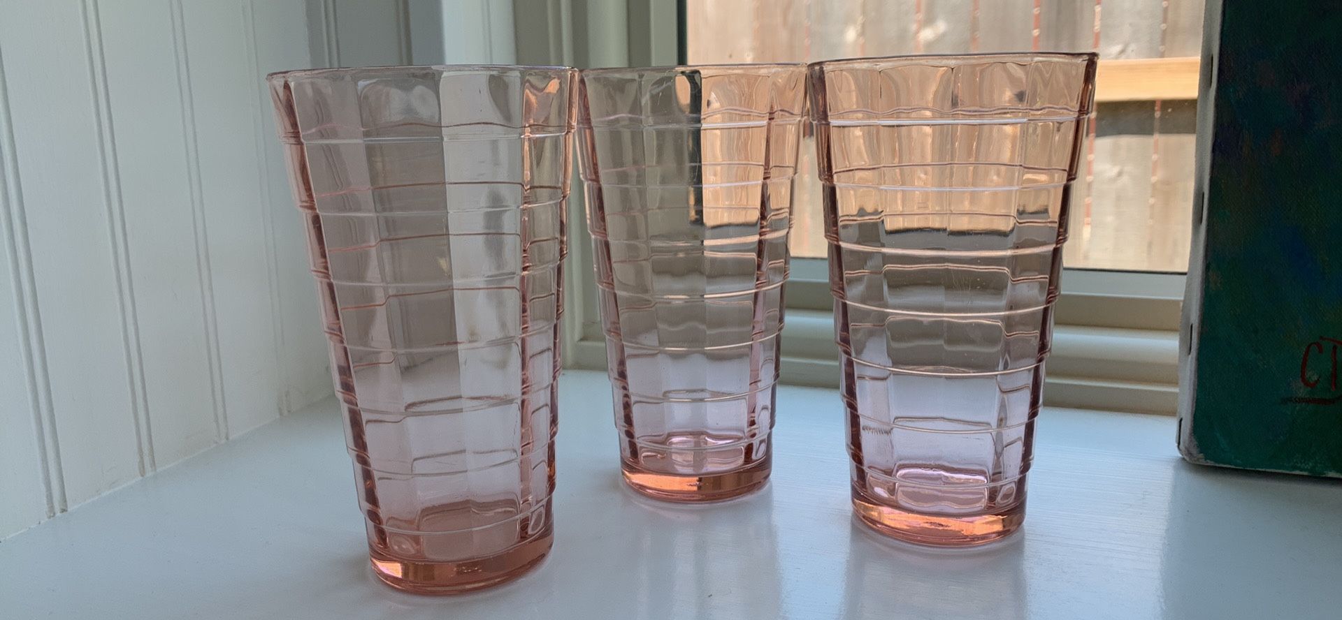 Pink Depression Glass Tumblers Block Optic Pattern