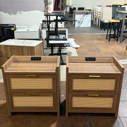 🔥Set of 2🔥Boho Rattan Nightstands Set of 2, Night Stand Sets with Charging Station, Side Table with 2 Drawers, for Bedroom, Living Room(Brown)  💰15