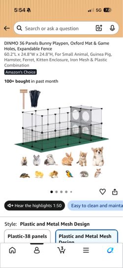 DINMO 36 Panels Bunny Playpen, Oxford Mat & Game Holes, Expandable Fence 60.2"L x 24.8"W x 24.8"H, For Small Animal, Guinea Pig, Hamster, Ferret, Kitt