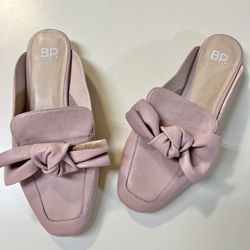 BP Blush Pink Leather Bow SlipOn Women Flat Sandal Shoes size 6.5
