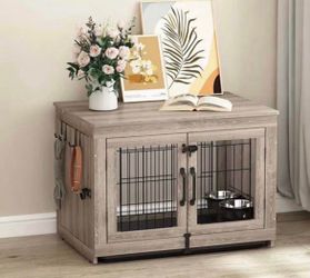 Piskyet Wooden Dog Crate Furniture with 360°Rotatable Removable Dog Bowls, Dog Crate End Table with Tray, Double Doors Dog Kennels for Dogs(L:37.7" L*