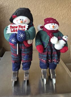 2 Vtg Christmas Decor Snowman(16") & Snow Woman With Baby( 15") Skating