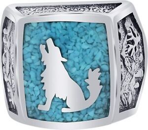 Men's Southwest Turquoise Zircon Inlaid How Call Wolf Silver Ring Size 7