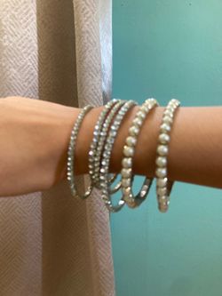 Silver Rhinestone and Pearl Bangle Bracelet Set