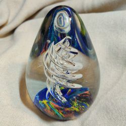2lb 5.5" Art Glass Paperweight With Air Swirl Egg Shaped