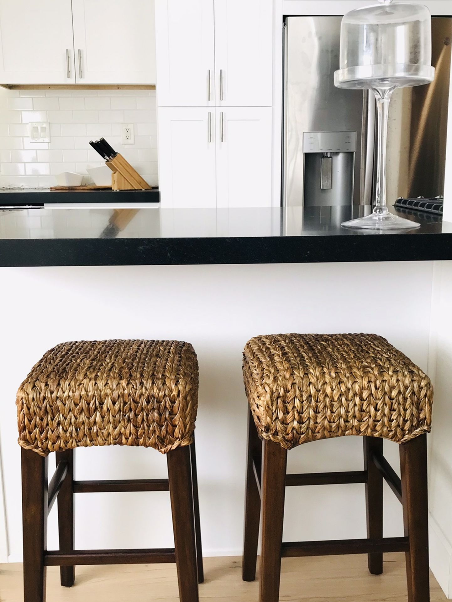 2 Exc Cond. Pottery Barn Rattan Seagrass Wood Counter Bar Stools purchased new $230 each, selling for $145 Each