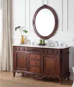 Winslow 60 in. Double Sink Freestanding Antique Cherry Bath Vanity with White Marble Top