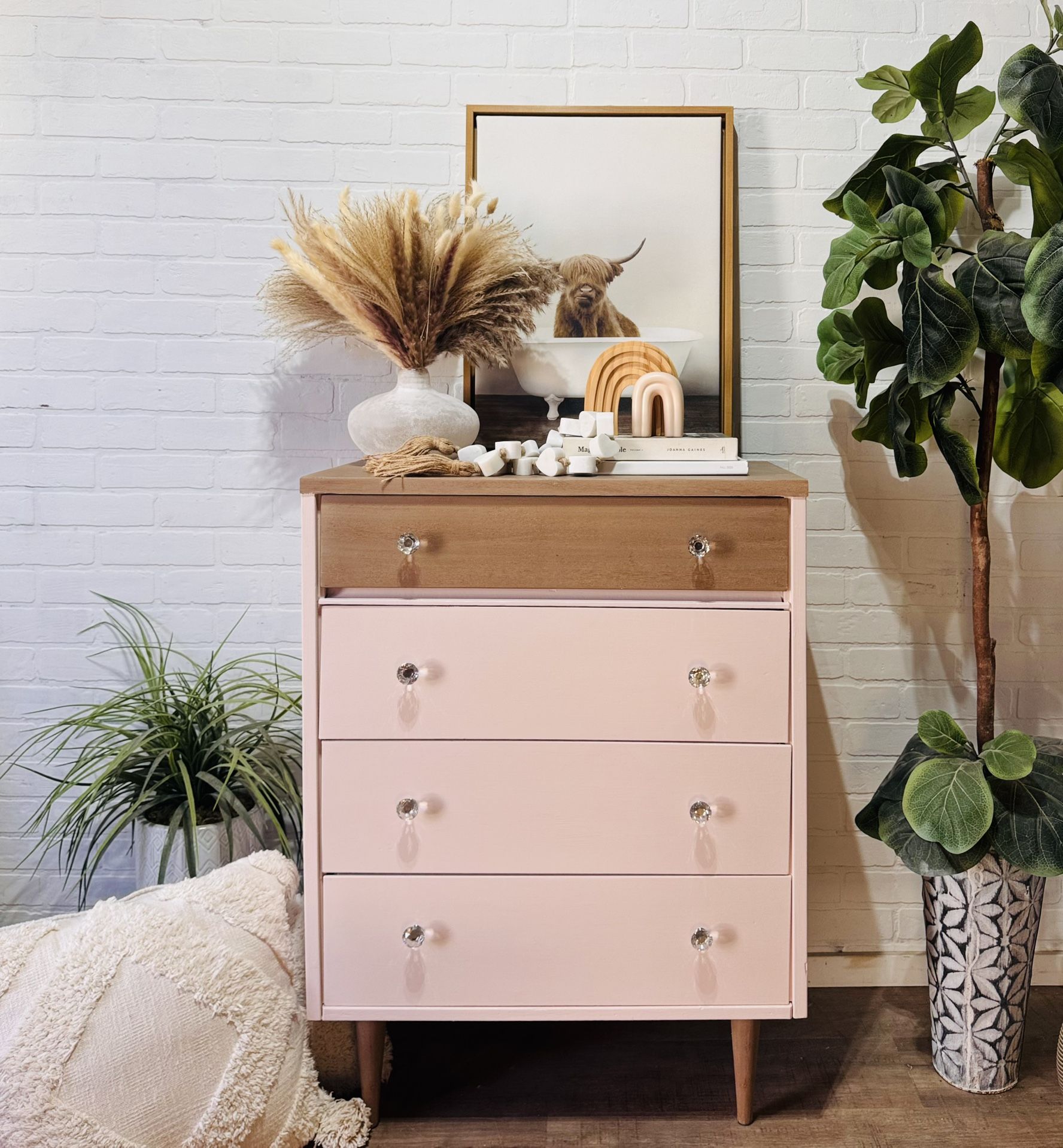 Vintage Mid Century Modern Style Light Blush Pink Wood Dresser 4 Drawer