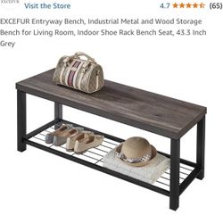 NEW! EXCEFUR Entryway Bench, Industrial Metal and Wood Storage Bench for Living Room, 43.3 in Grey
