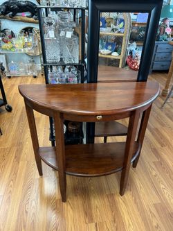 Vintage two tier half moon brown wood table with drawer 38 inch
