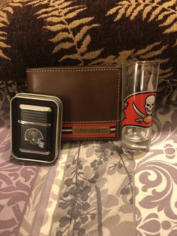 Tampa Bay Buccaneer shot glass butane lighter and leather wallet