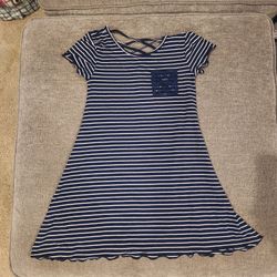 Navy & White Striped Dress with Lace Pocket – Girls
