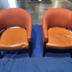 Vintage Orange Leather Cushion Lounge Chairs