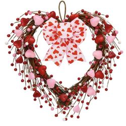 RCZK 16Inch Red & Pink Heart Wreath with Artificial Hearts & Berries - Valentine's Day Bow Wreath for Indoor & Outdoor Dec