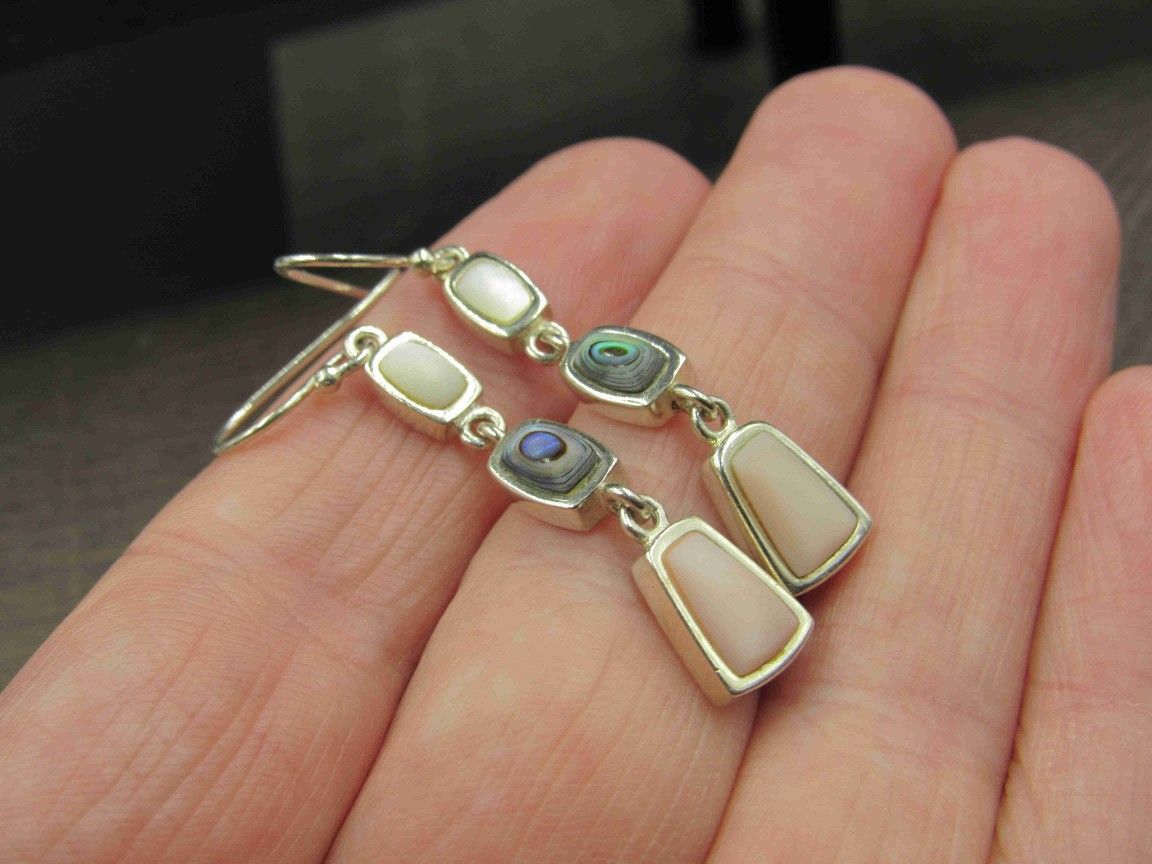 Sterling Silver Abalone & Other Shell Earrings Vintage Wedding Engagement Anniversary Beautiful Everyday Minimalist Cute Sexy