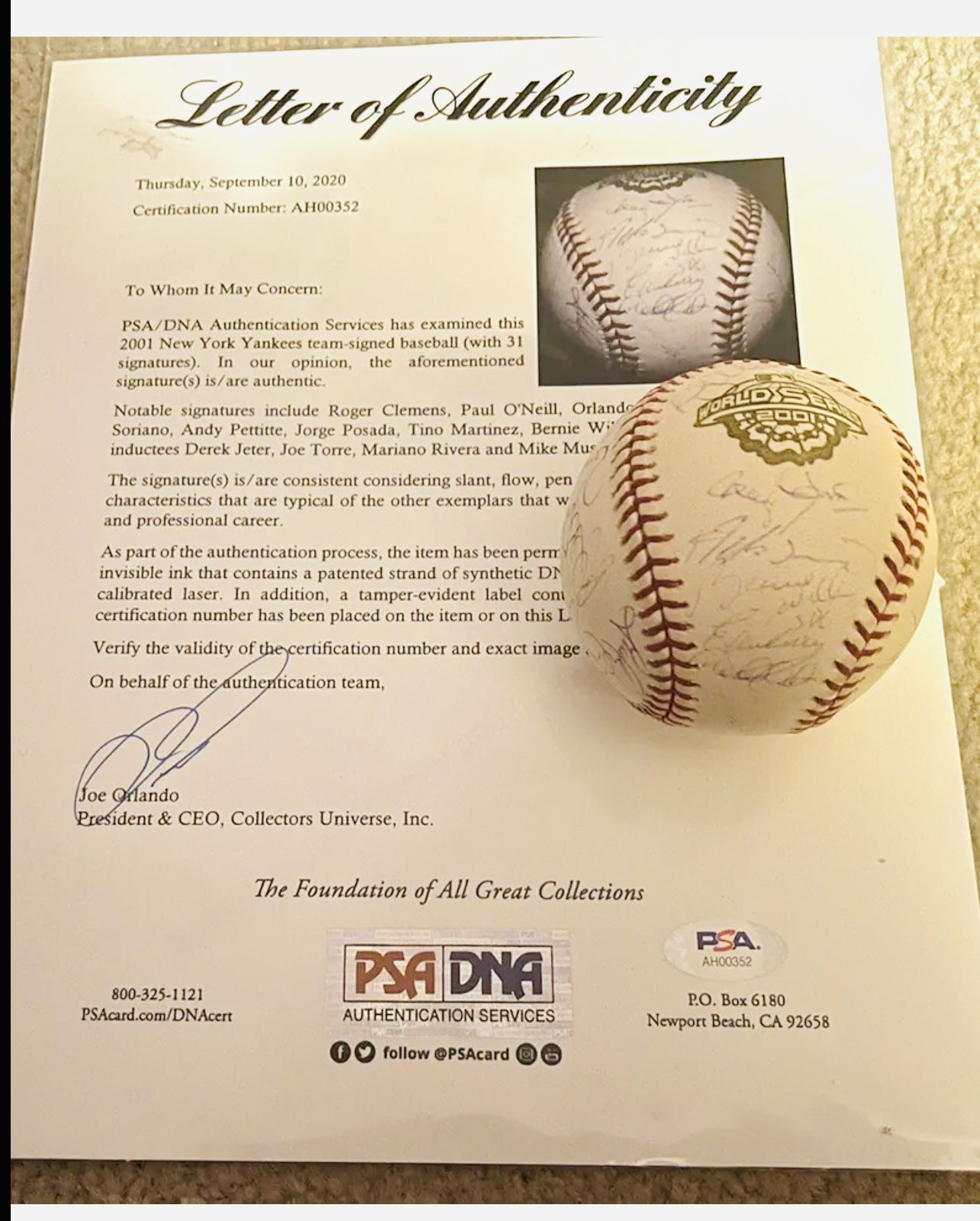PSA DNA LOA 2001 Yankees Team 31x Signed WORLD SERIES BASEBALL JETER RIVERA ETC