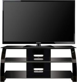 High Gloss TV STAND ... Black Finish and Black tempered safety glass shelves 52 x 18 x 22 inches...RETAILS FOR 249.95 PLUS TAX..OPEN BOX ITEM..