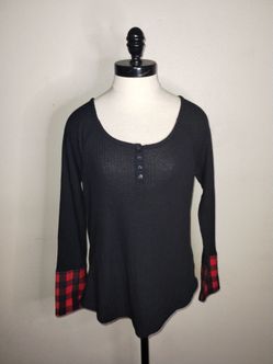 Pink Rose Lounge Black Waffle Red Plaid Pajama Top Size L