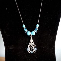 Turquoise Blue Beads & Silver Pendant Necklace