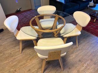 Mid-Century Modern Round Glass Dining Table + 4 White Chairs - Excellent Condition