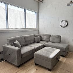 Modern Fog Gray Corduroy Sectional w/ Storage Ottoman