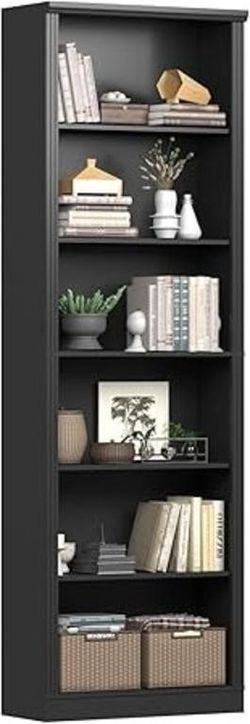 Black Bookshelf, 75" Tall Bookcase, 6 Tier Adjustable