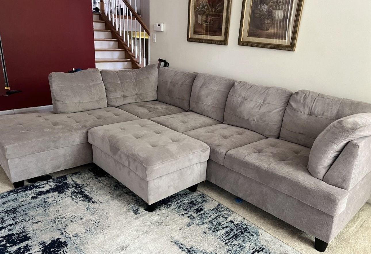 COSTCO Beige Chenille Sectional Couch And Ottoman