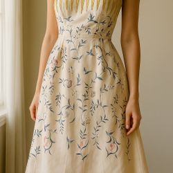 Strapless Floral Bird Print Midi Dress with Gold Embroidery Yellow Cream – Size XS New