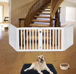 2 Freestanding Pet Dog Gate Foldable 24 Inch for House  Wooden Dog Fence 4 Panels (White) Thumbnail