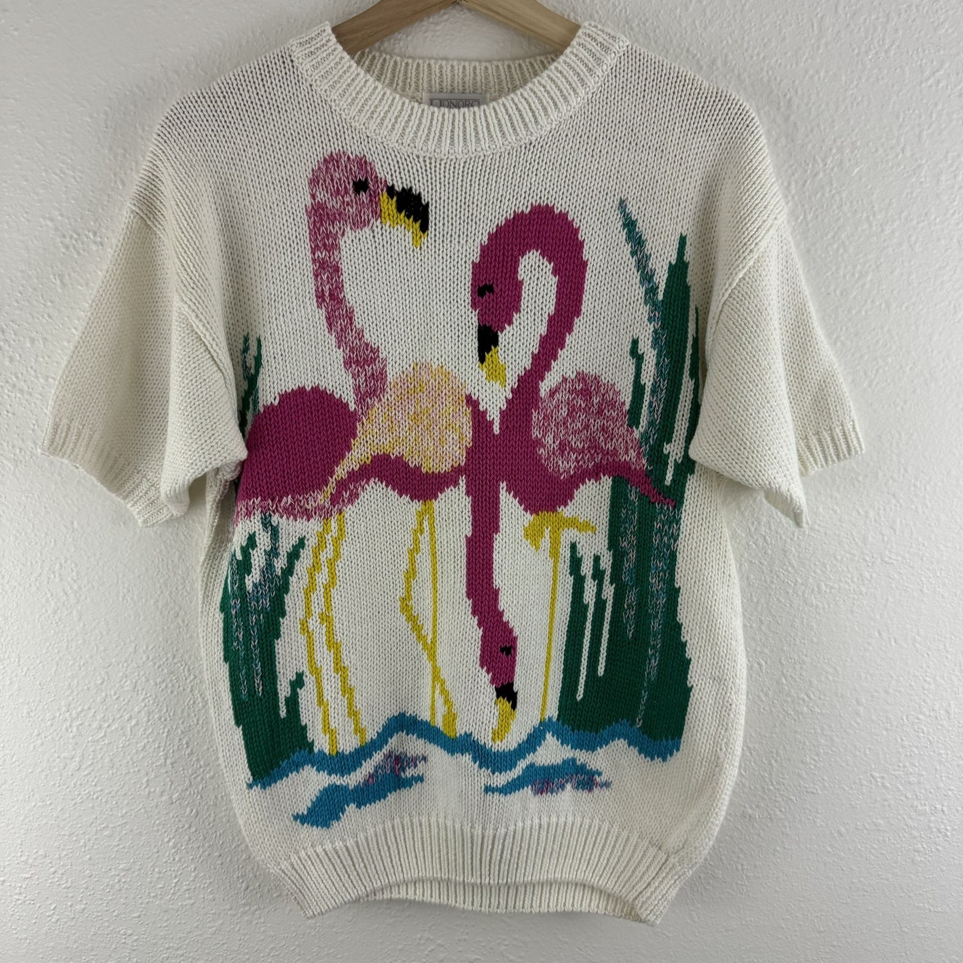 HONORS MISSES Vintage 1980s Retro White Pink Flamingo Short Sleeve Sweater Top