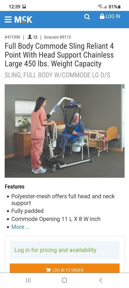 
Invacare Full Body Mesh Sling with Commode Large