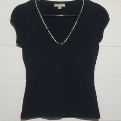 Burberry London Women's Signature plaid Trim Neckline Black t-shirt top size  S