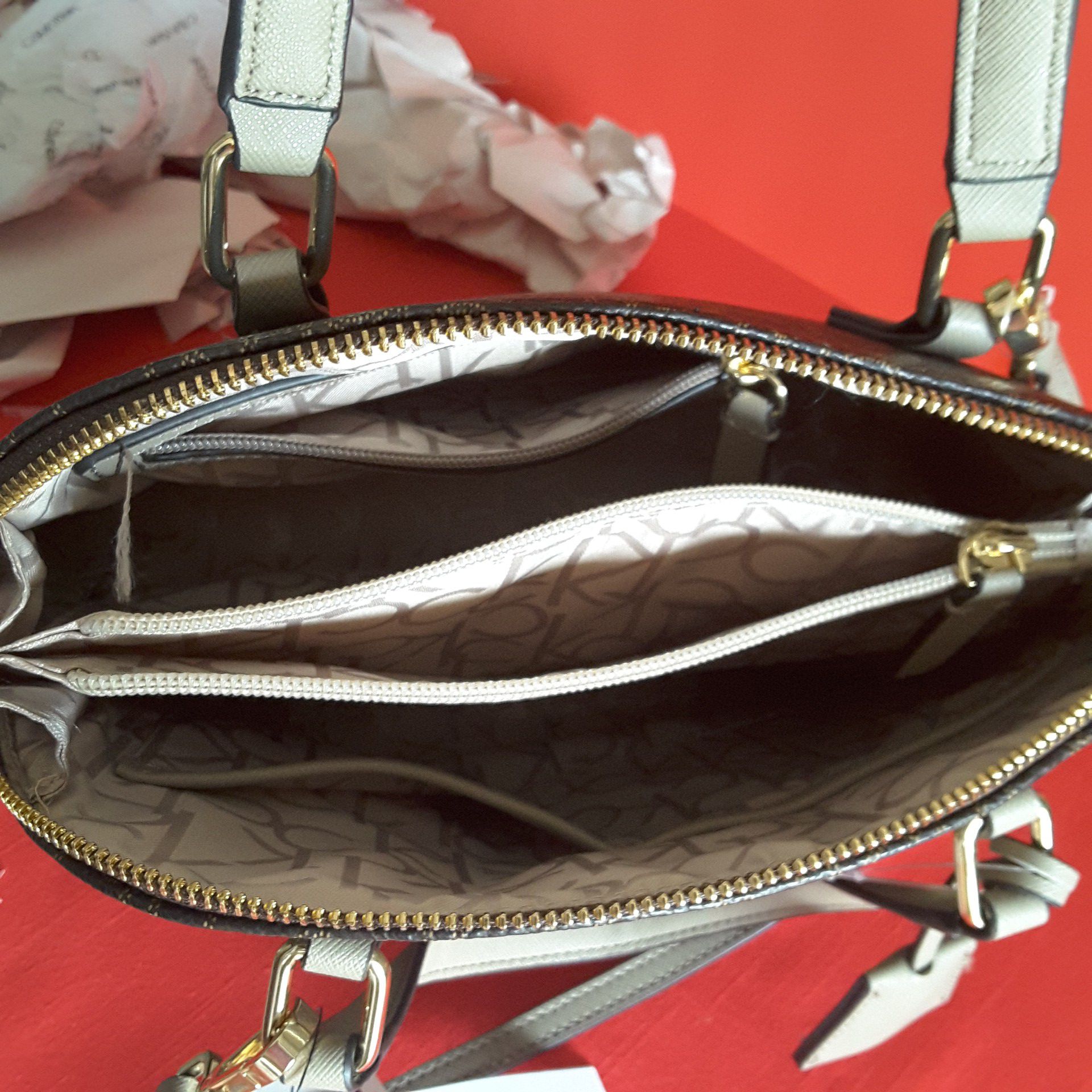 Calvin Klein Handbag Purse Brown/Cream Medium Dome Satchel