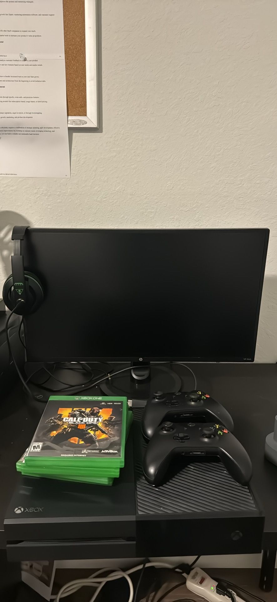 Xbox One, HP Monitor, Turtle Beach Head Set, Two Controllers