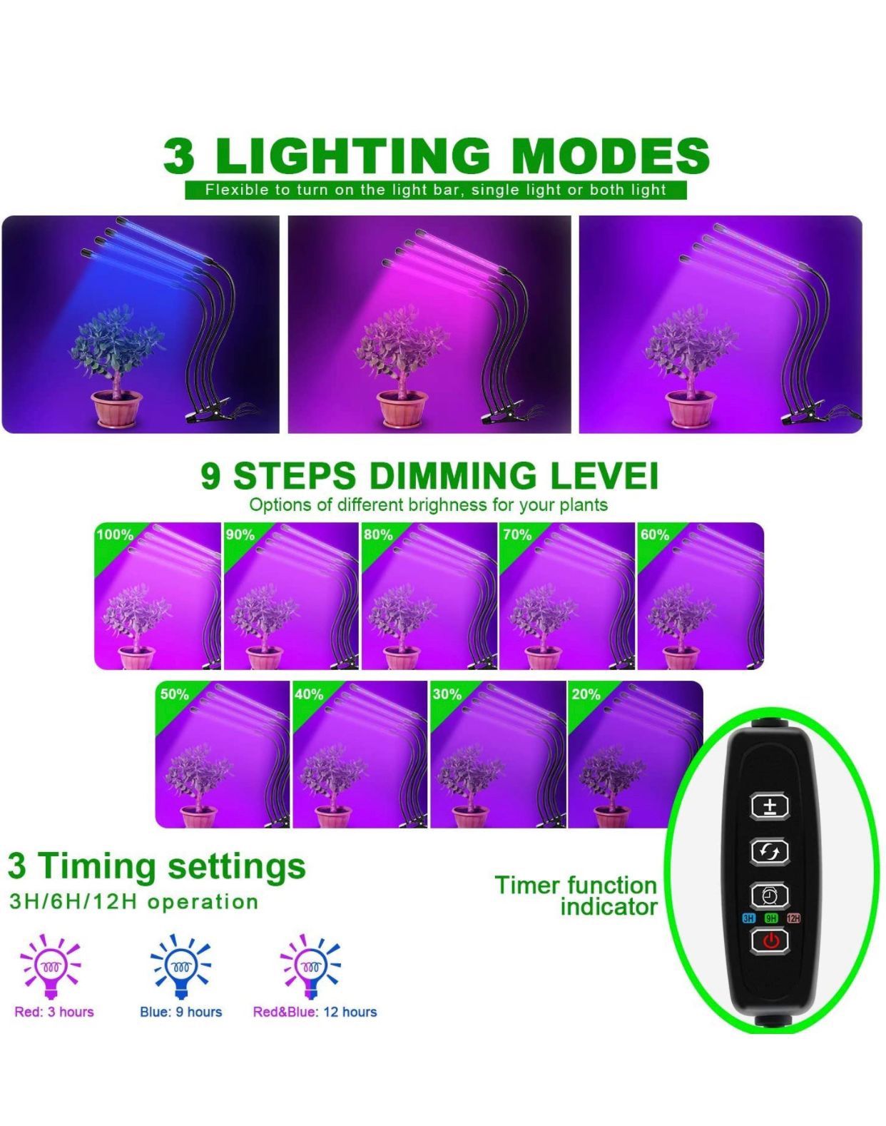 New in box 9 Dimmable Levels Grow Light with 3 Modes Timing Function ...