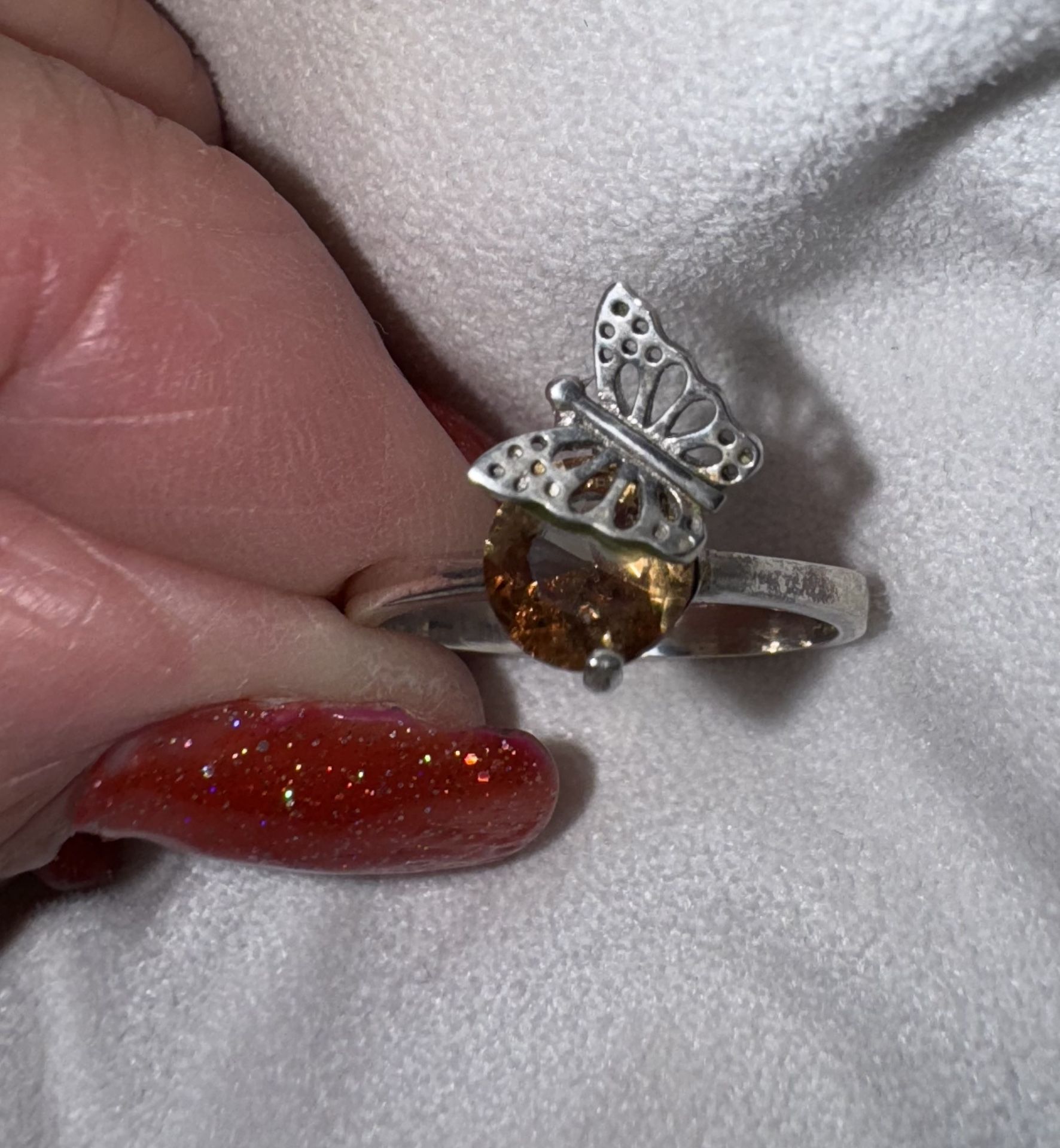 Vintage Unique Sterling Ring with Topaz Stone & Sterling Butterfly, size 8.5