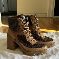 Sorel Brex Leather & Faux Shearing Block Heel Lace-Up Bootie NWOB SZ 7