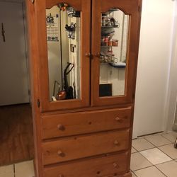 Pinewood Closet Cabinet 3 Drawers Clothing Rack With Glass Mirrors 