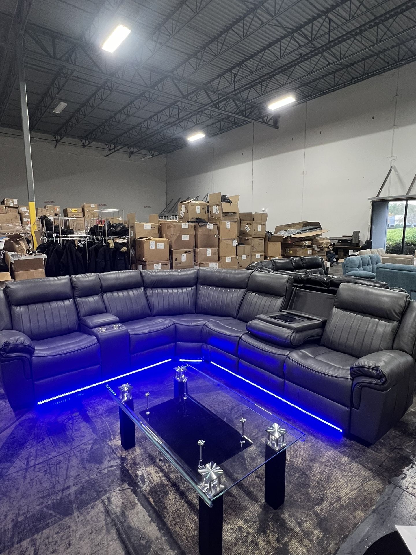 Grey Leather Power Recliner Sectional With Lights