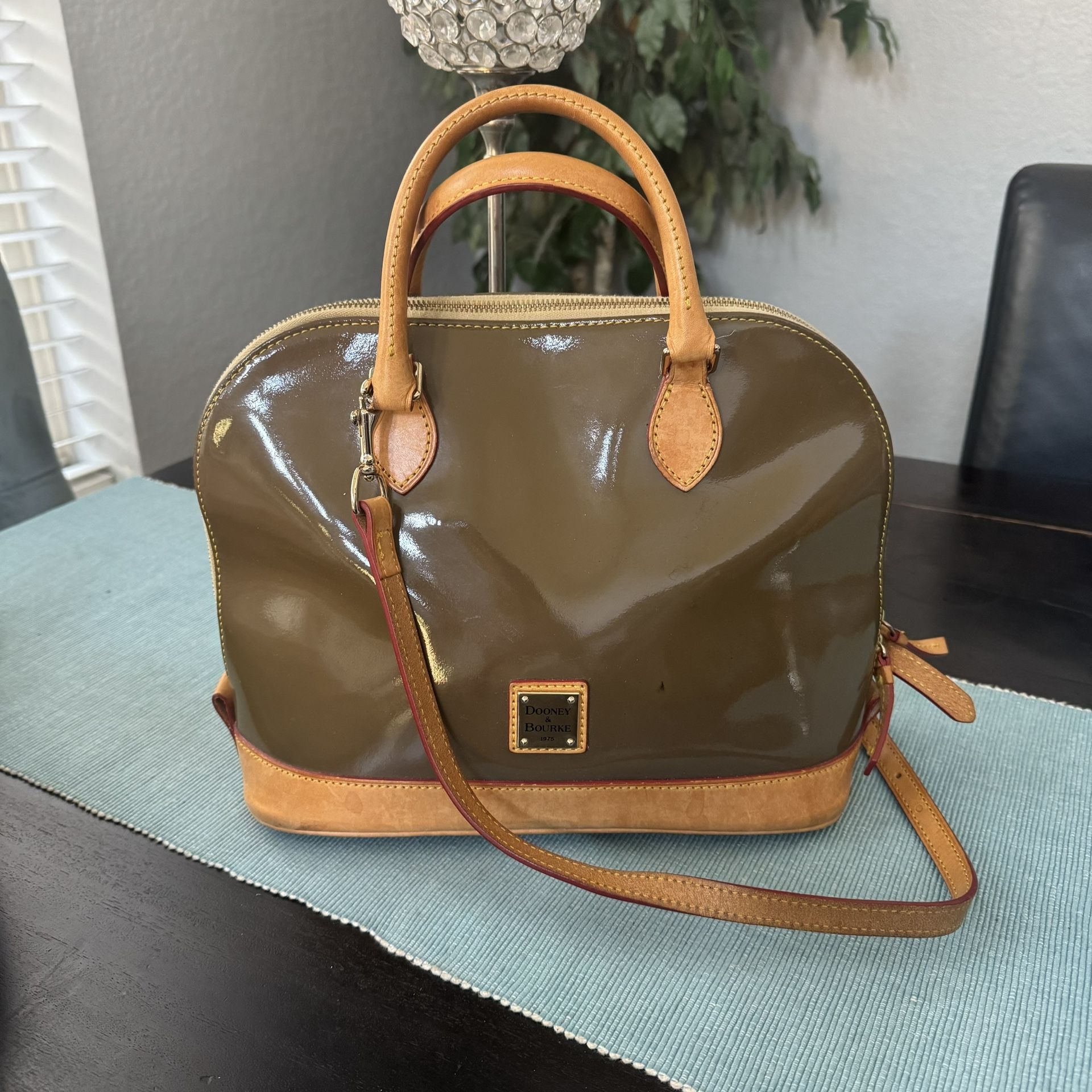 Dooney & Bourke Patent Zip Satchel in taupe with vachetta leather trim.